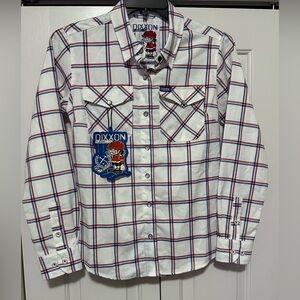 Dixxon Flannel Co Cross Check Womens M White Red Blue Pearl Snap Polyester Shirt
